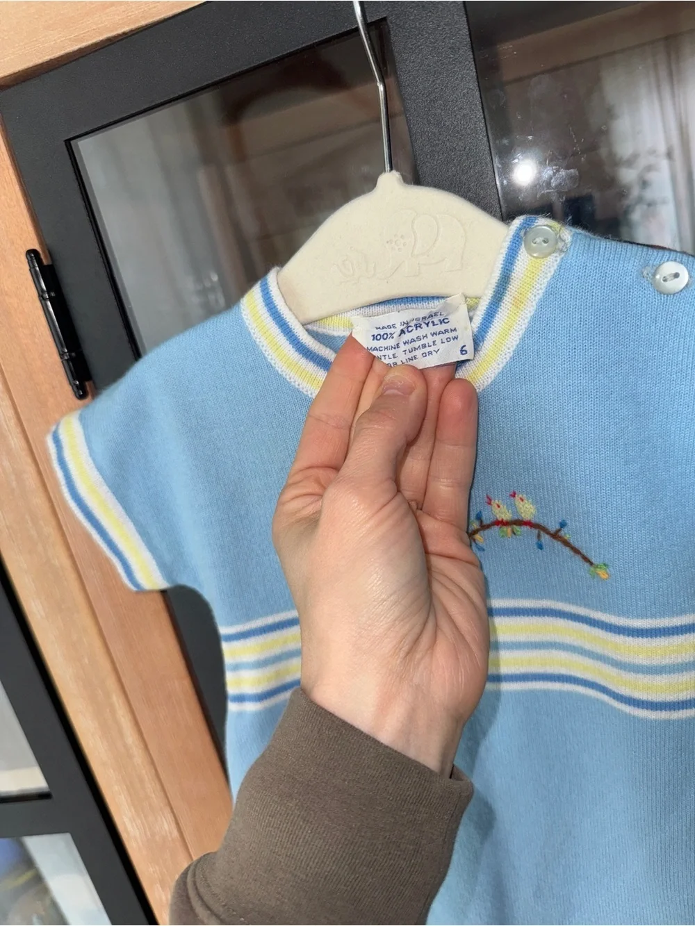 Vintage knit onesie embroidered baby boy bubble romper birds striped 70s retro